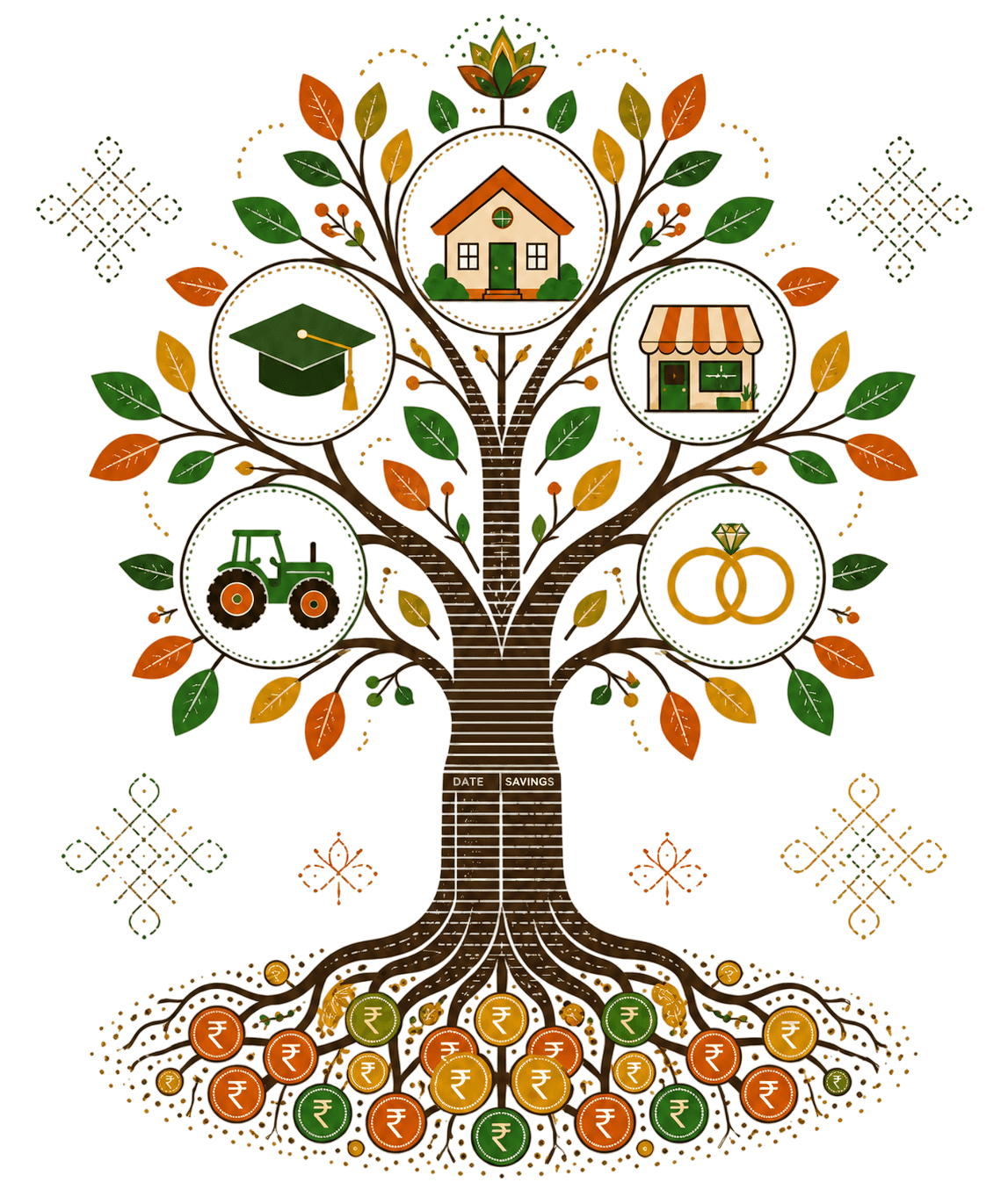 The Dream Tree showing how small savings grow into education, home, business, agriculture, and wedding goals